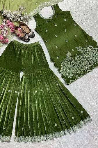 Olive silk blend stone work sharara set