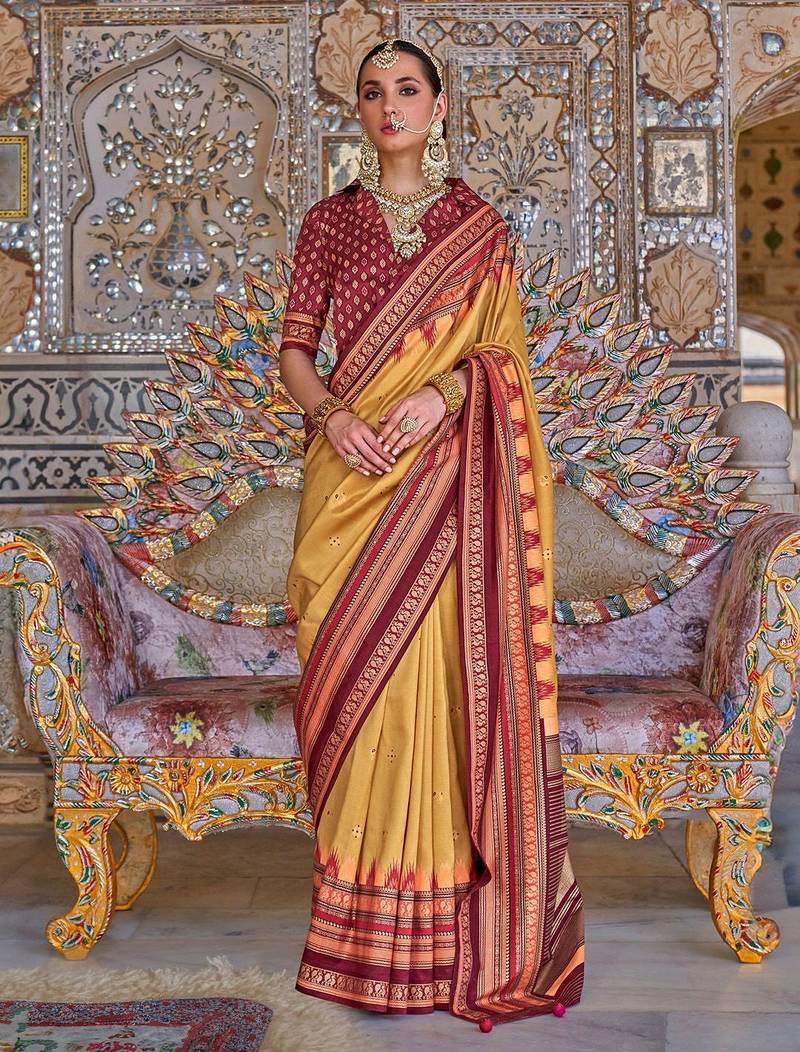 Yellow ethnic motifs designer sungudi saree