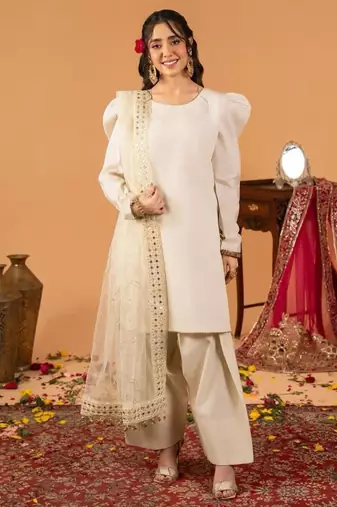 Off-white silk blend embroidered farshi salwar set