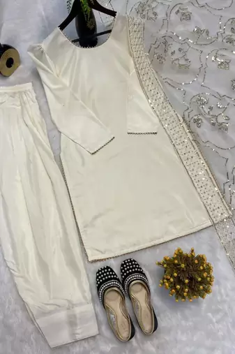 Off-white silk blend embroidered farshi salwar set