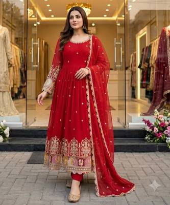 Red georgette embroidered flared gown set 1