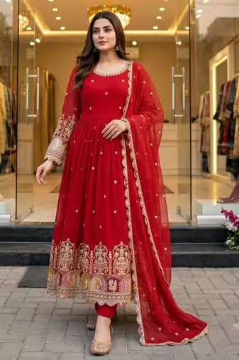 Red georgette embroidered flared gown set