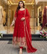 Red georgette embroidered flared gown set