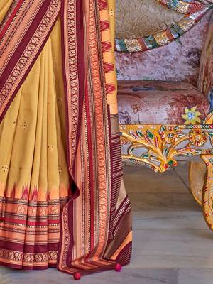 Yellow ethnic motifs designer sungudi saree 4