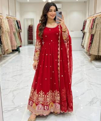 Red georgette embroidered flared gown set 2