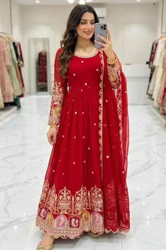 Red georgette embroidered flared gown set