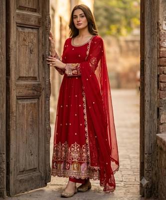 Red georgette embroidered flared gown set 3