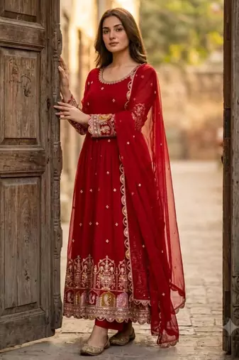 Red georgette embroidered flared gown set