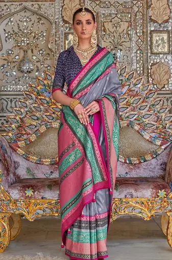 Grey ethnic motifs silk blend sungudi saree