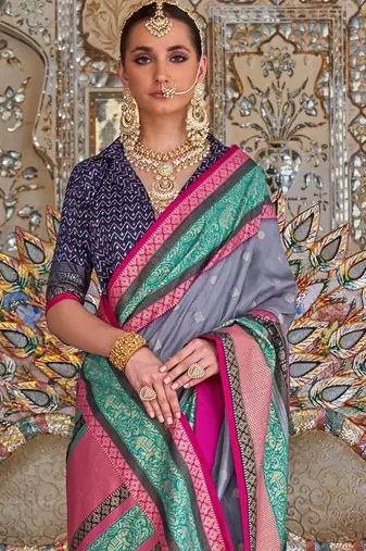 Grey ethnic motifs silk blend sungudi saree