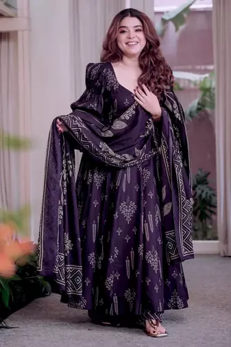Dark-purple cotton print flared gown set