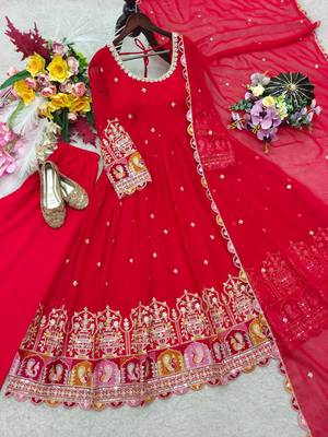 Red georgette embroidered flared gown set 5
