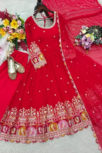 Red georgette embroidered flared gown set