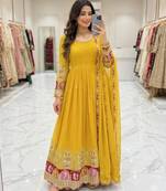 Yellow georgette embroidered flared gown set