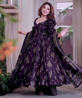 Dark-purple cotton print flared gown set 3