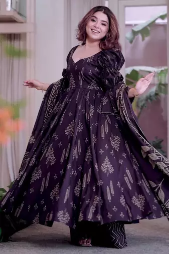 Dark-purple cotton print flared gown set