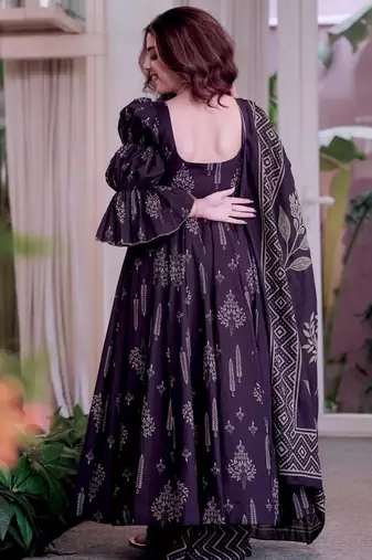 Dark-purple cotton print flared gown set
