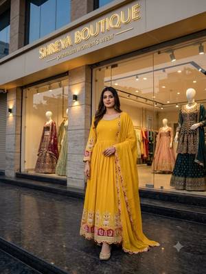 Yellow georgette embroidered flared gown set 2