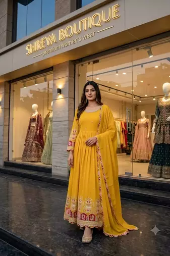 Yellow georgette embroidered flared gown set