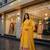 Yellow georgette embroidered flared gown set