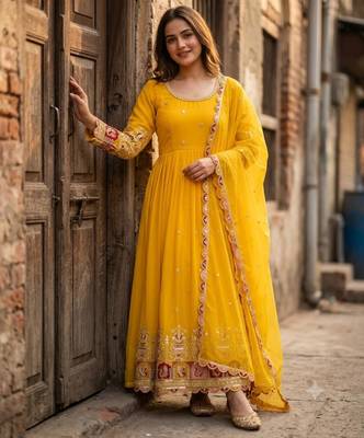 Yellow georgette embroidered flared gown set 3