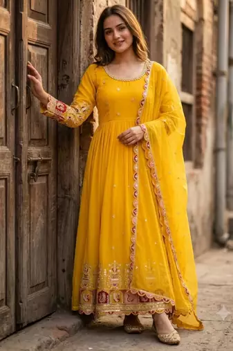 Yellow georgette embroidered flared gown set