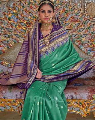 Teal ethnic motifs printed zari sungudi saree 2