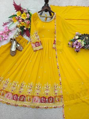 Yellow georgette embroidered flared gown set 4