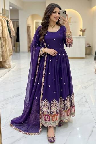 Purple georgette embroidered flared gown set