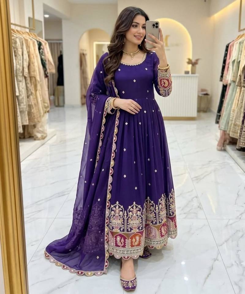 Purple georgette embroidered flared gown set