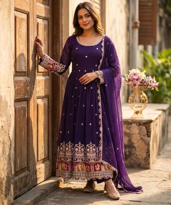 Purple georgette embroidered flared gown set 2