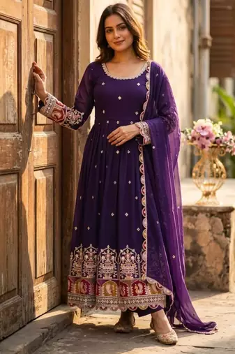 Purple georgette embroidered flared gown set