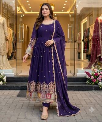 Purple georgette embroidered flared gown set 3