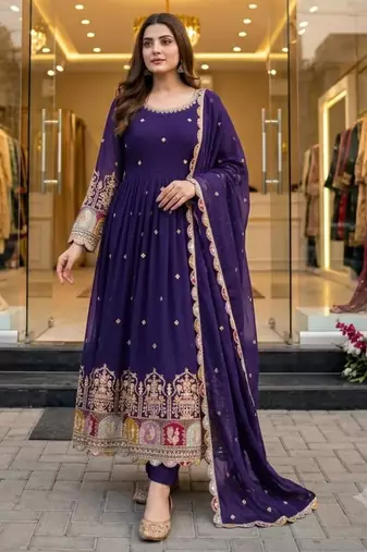 Purple georgette embroidered flared gown set