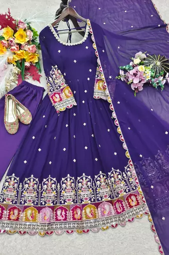 Purple georgette embroidered flared gown set