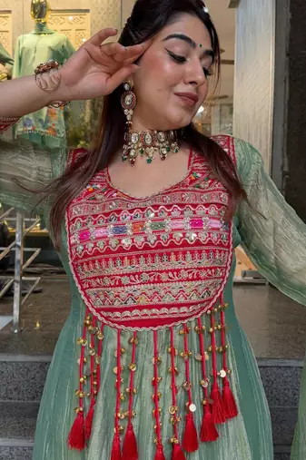 Green silk blend embroidered flared gown set