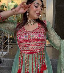 Green silk blend embroidered flared gown set