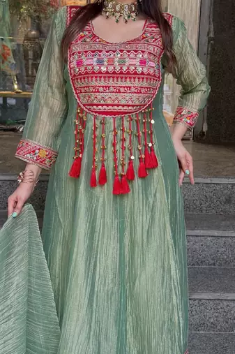 Green silk blend embroidered flared gown set