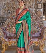 Teal ethnic motifs zari sungudi saree