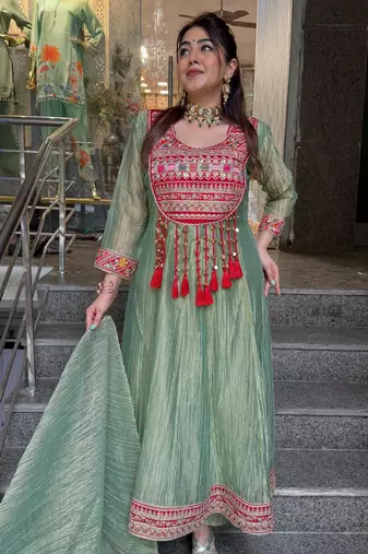 Green silk blend embroidered flared gown set