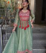Green silk blend embroidered flared gown set