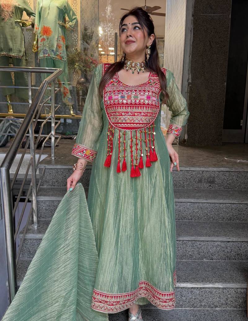 Green silk blend embroidered flared gown set