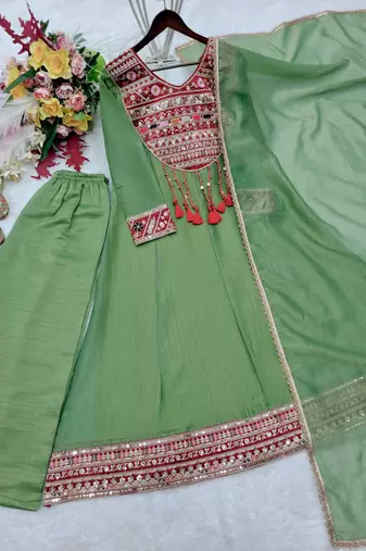 Green silk blend embroidered flared gown set