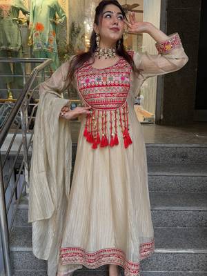 Beige silk blend embroidered flared gown set 1