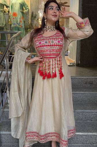 Beige silk blend embroidered flared gown set