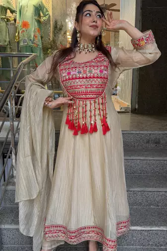 Beige silk blend embroidered flared gown set