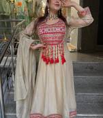 Beige silk blend embroidered flared gown set