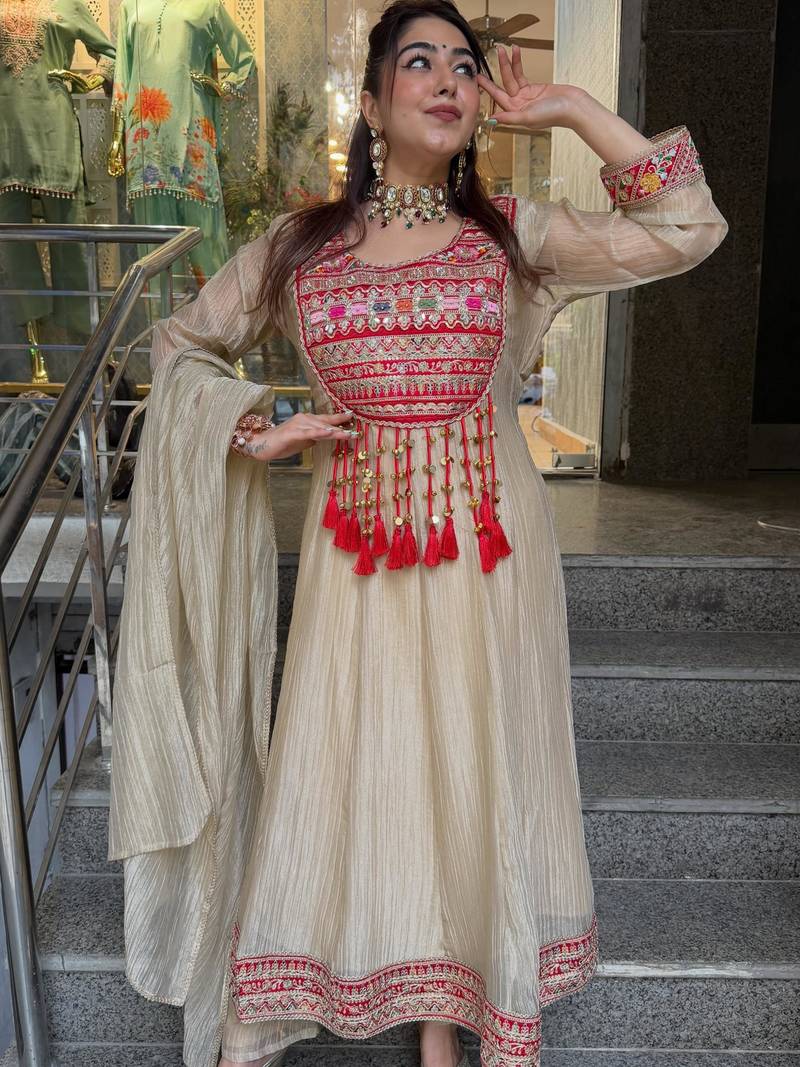 Beige silk blend embroidered flared gown set