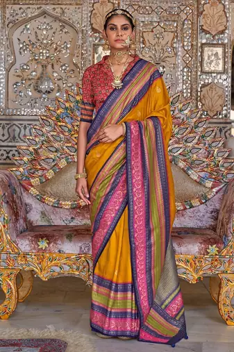 Mustard ethnic motifs printed sungudi saree