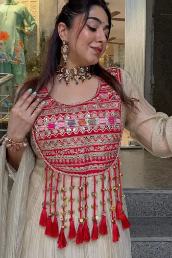 Beige silk blend embroidered flared gown set